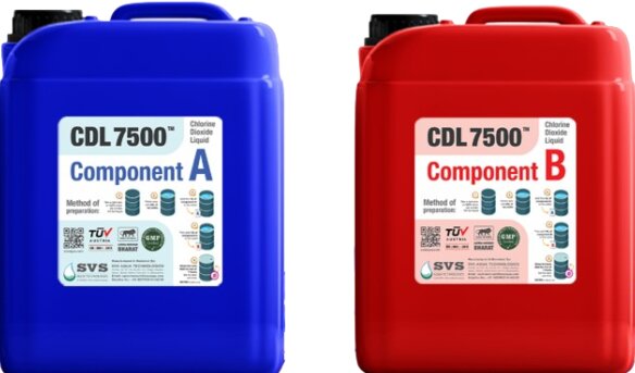 Two containers labeled 'Chlorine Dioxide Liquid (CDL 7500®) Chlorine Dioxide Liquid