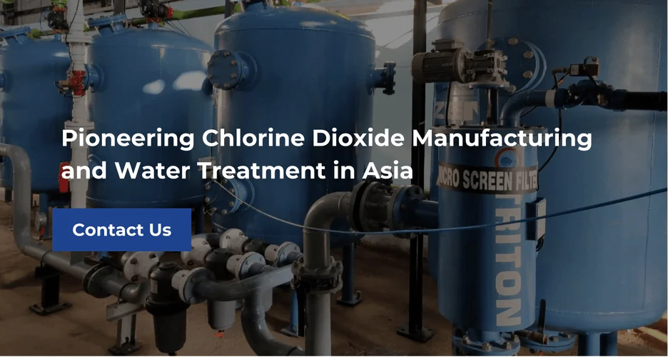 Industrial chlorine dioxide manufacturing and wastewater treatment units featuring blue pressure tanks and filtration systems