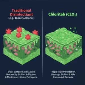 Traditional bleach or alcohol compared with Chloritab disinfectant